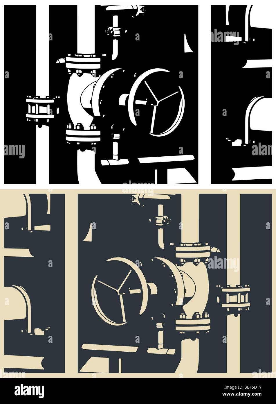 Stylized vector illustrations of industrial valve and pipes close-up ...
