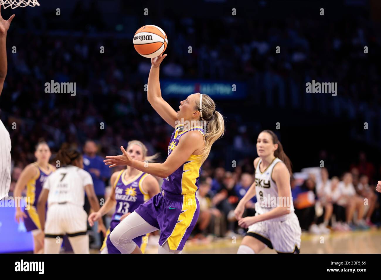 LOS ANGELES, CA - MAY 25: Los Angeles Sparks guard Julie Allemand (20) goes  to the basket during the Chicago Sky at Los Angeles Sparks WNBA game on May  25, 2025, at