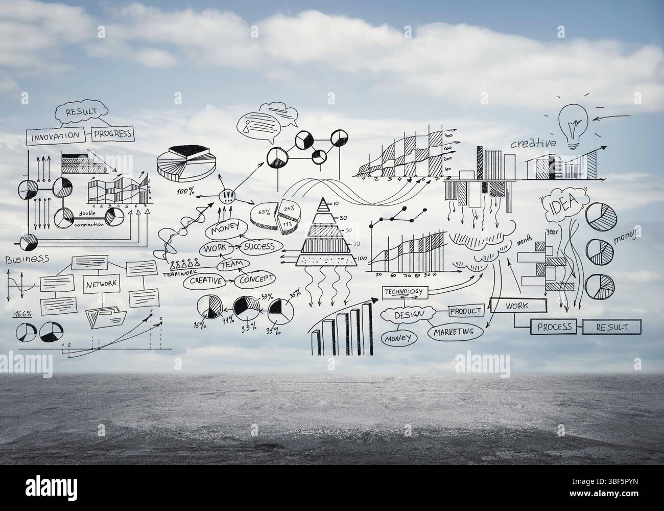 Infographic drawn elements graphs and diagram on cloud background Stock ...