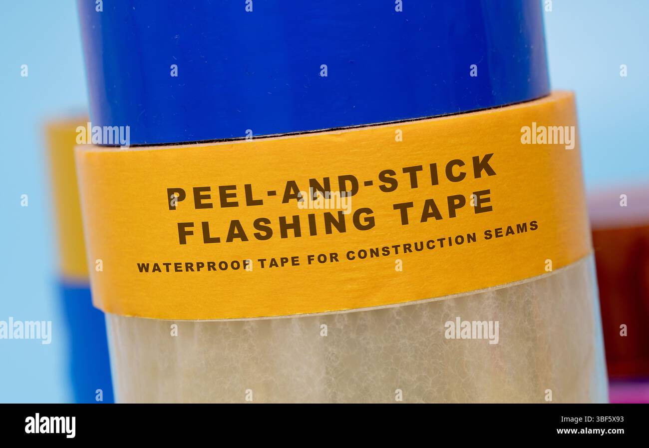 Peel-and-stick flashing tape. Waterproof tape for construction seams. Used in roofing and window installations to prevent water infiltration. Stock Photo