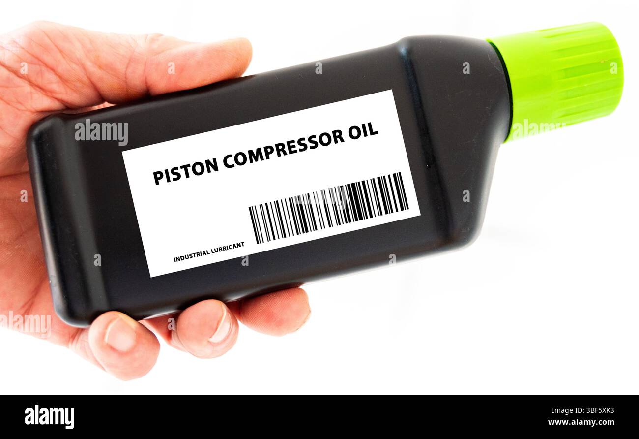 Piston compressor oil. Lubricating oil for piston compressors, designed to minimise wear and prevent overheating. Stock Photo