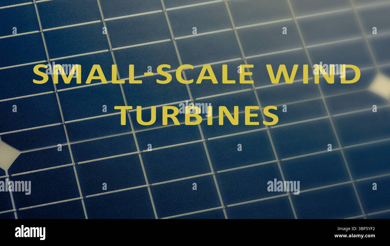 Small-scale wind turbines. Wind turbines for local, decentralised power generation, often used in homes or businesses. Stock Photo