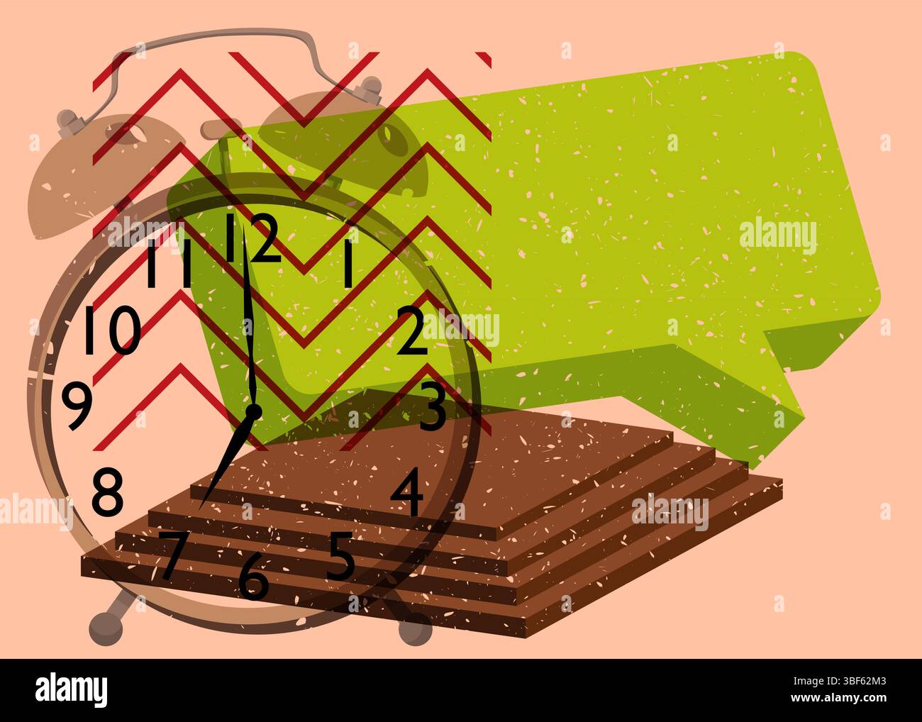 Risograph Alarm Clock with speech bubble with geometric shapes. Objects in trendy riso graph print texture style design with geometry elements. Stock Vector