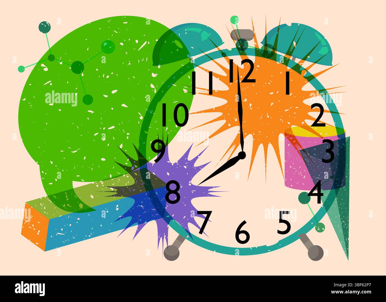 Risograph Alarm Clock with speech bubble with geometric shapes. Objects in trendy riso graph print texture style design with geometry elements. Stock Vector