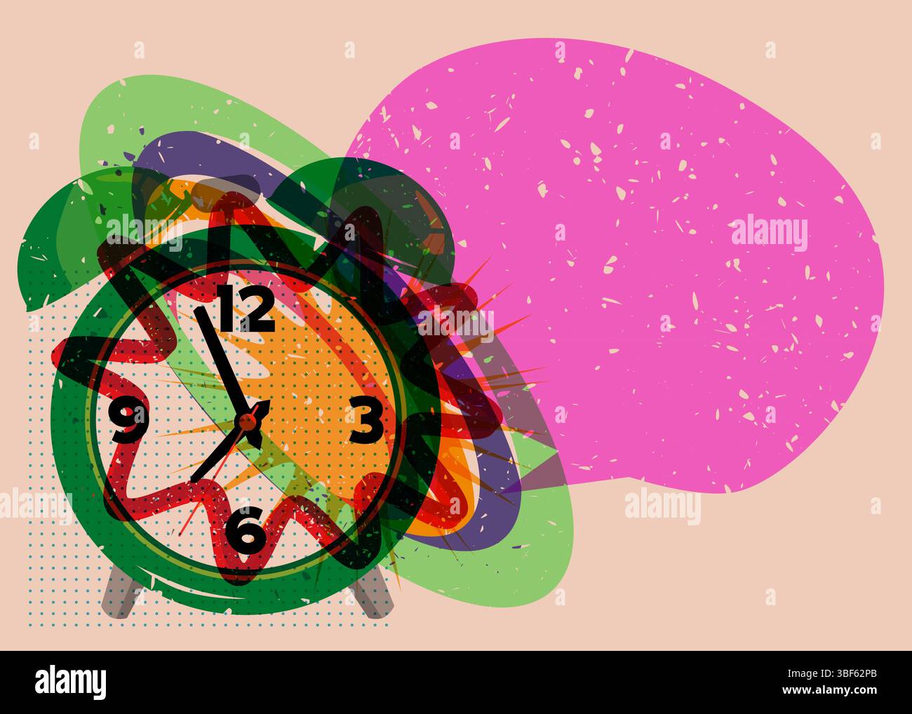 Risograph Alarm Clock with speech bubble with geometric shapes. Objects in trendy riso graph print texture style design with geometry elements. Stock Vector