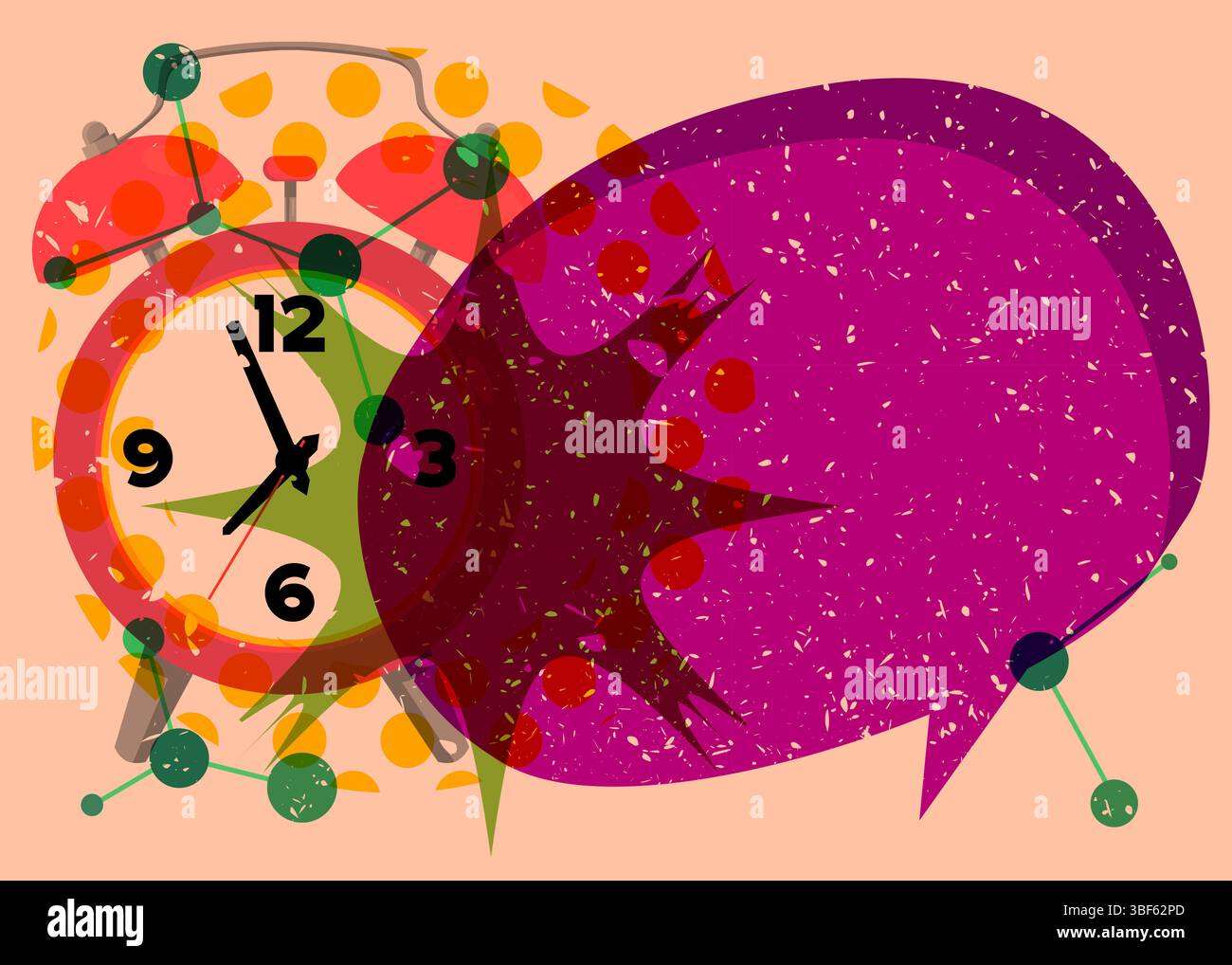 Risograph Alarm Clock with speech bubble with geometric shapes. Objects in trendy riso graph print texture style design with geometry elements. Stock Vector