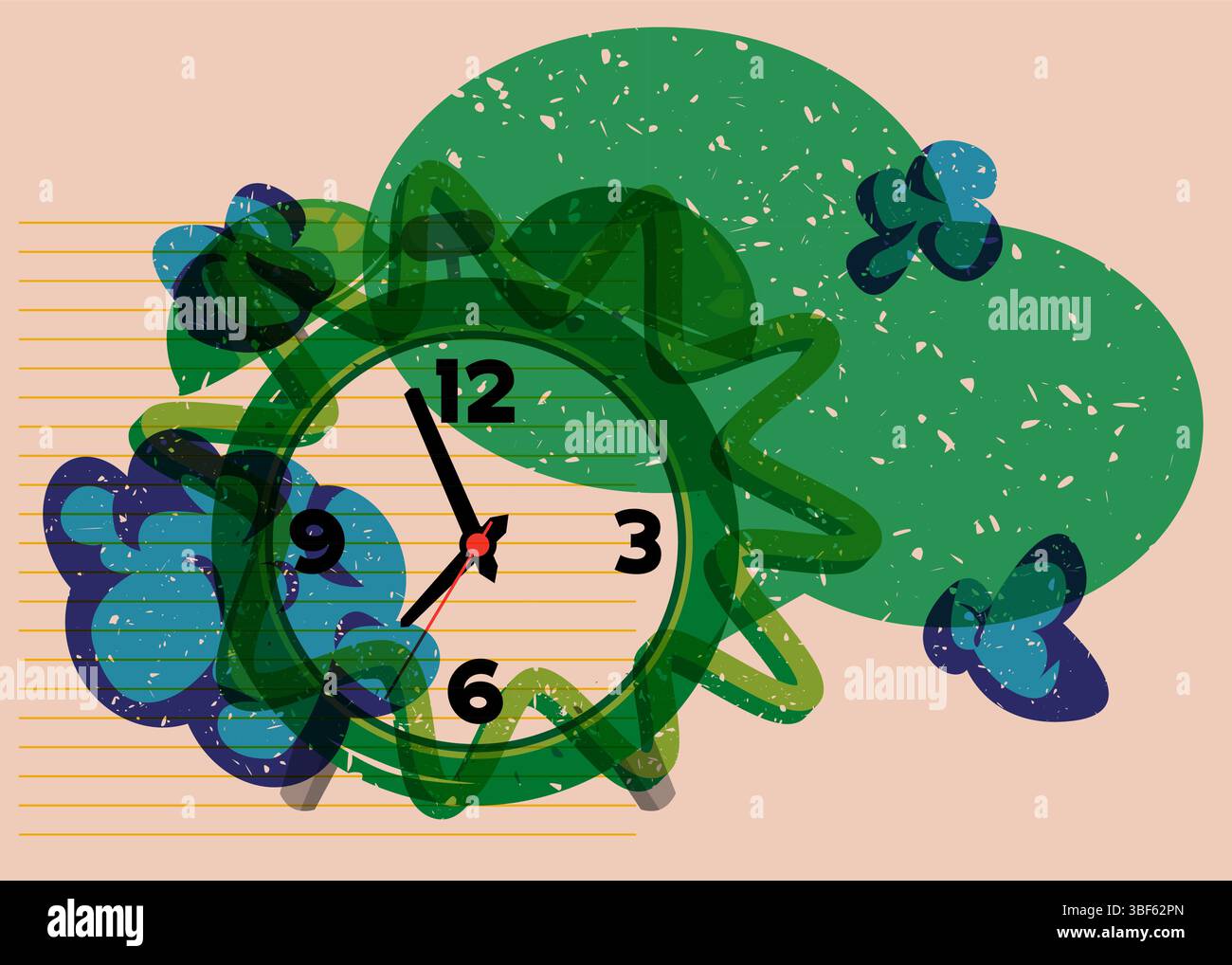 Risograph Alarm Clock with speech bubble with geometric shapes. Objects in trendy riso graph print texture style design with geometry elements. Stock Vector