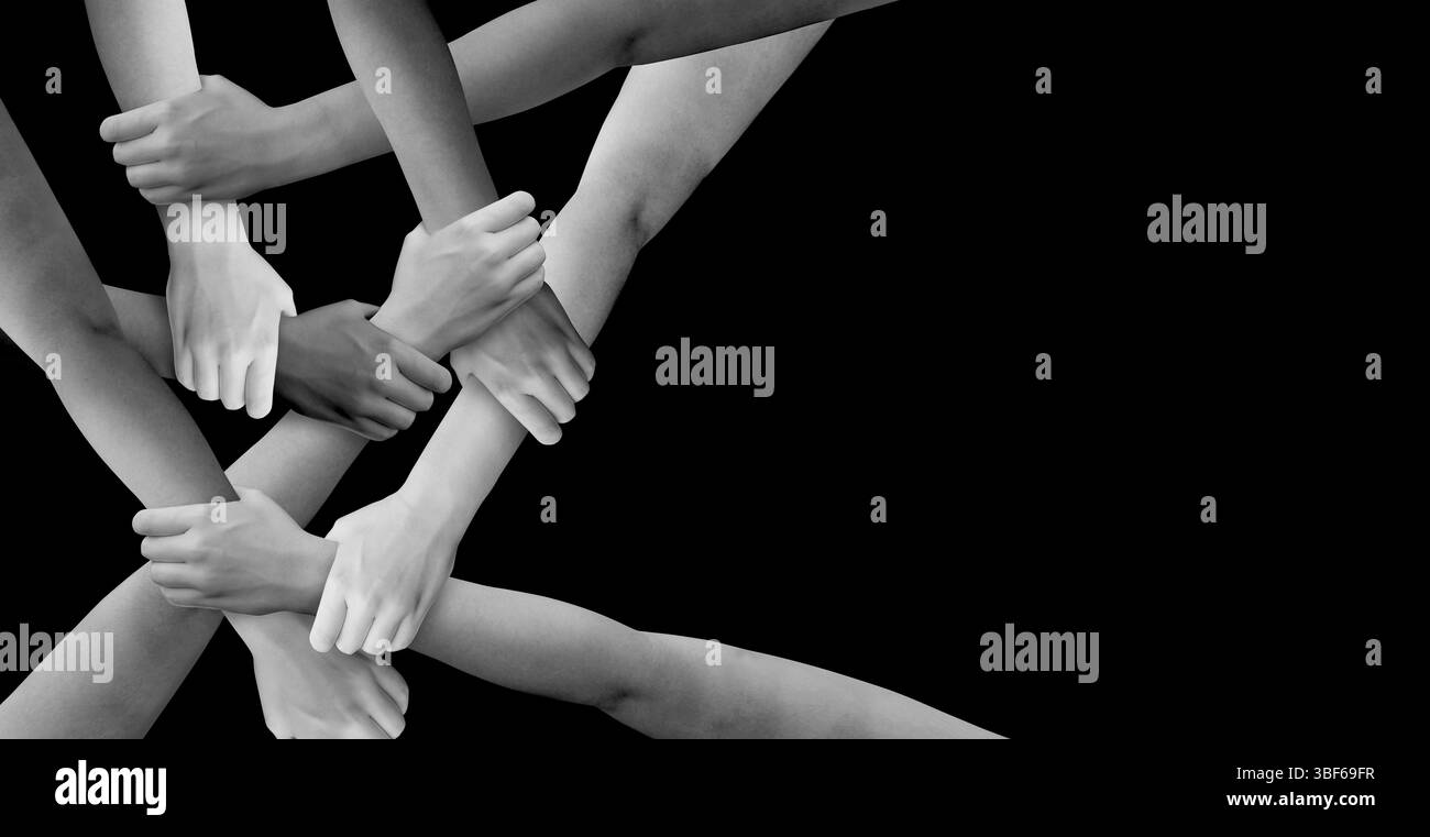 Business unity and teamwork as a group of diverse people holding arms as a multiracial society and corporate multicultural community joined and united Stock Photo
