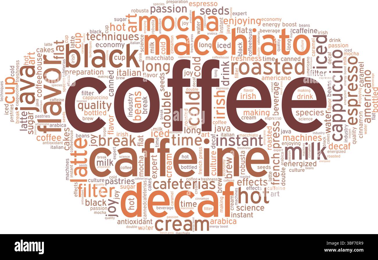 Coffee word cloud conceptual design isolated on white background. Stock Vector