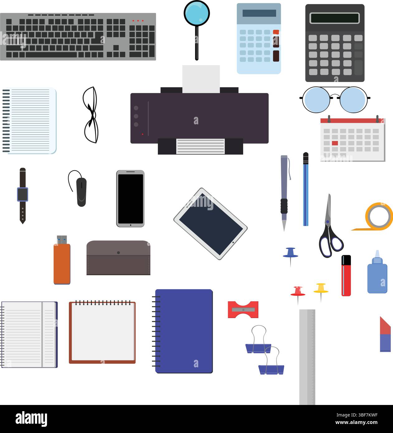 Workspace office tools set, essential graphic flat design Stock Vector