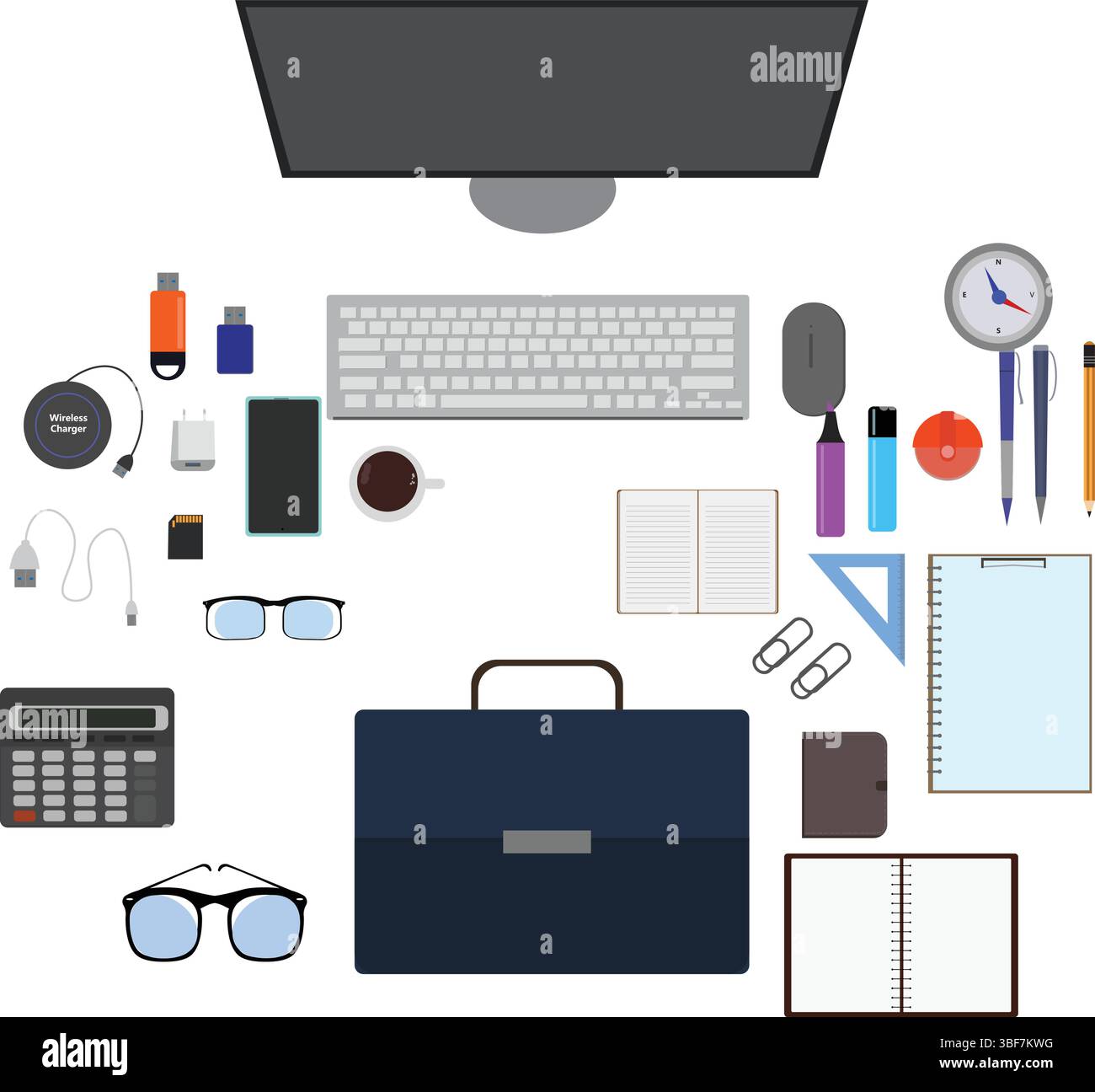 Workspace office tools set, essential graphic flat design Stock Vector