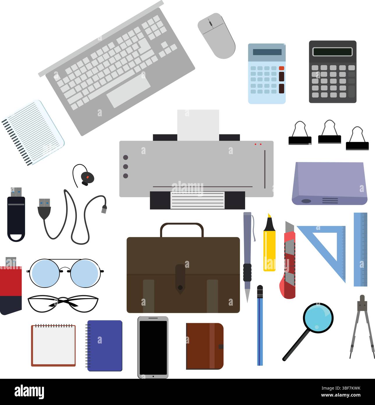 Workspace office tools set, essential graphic flat design Stock Vector
