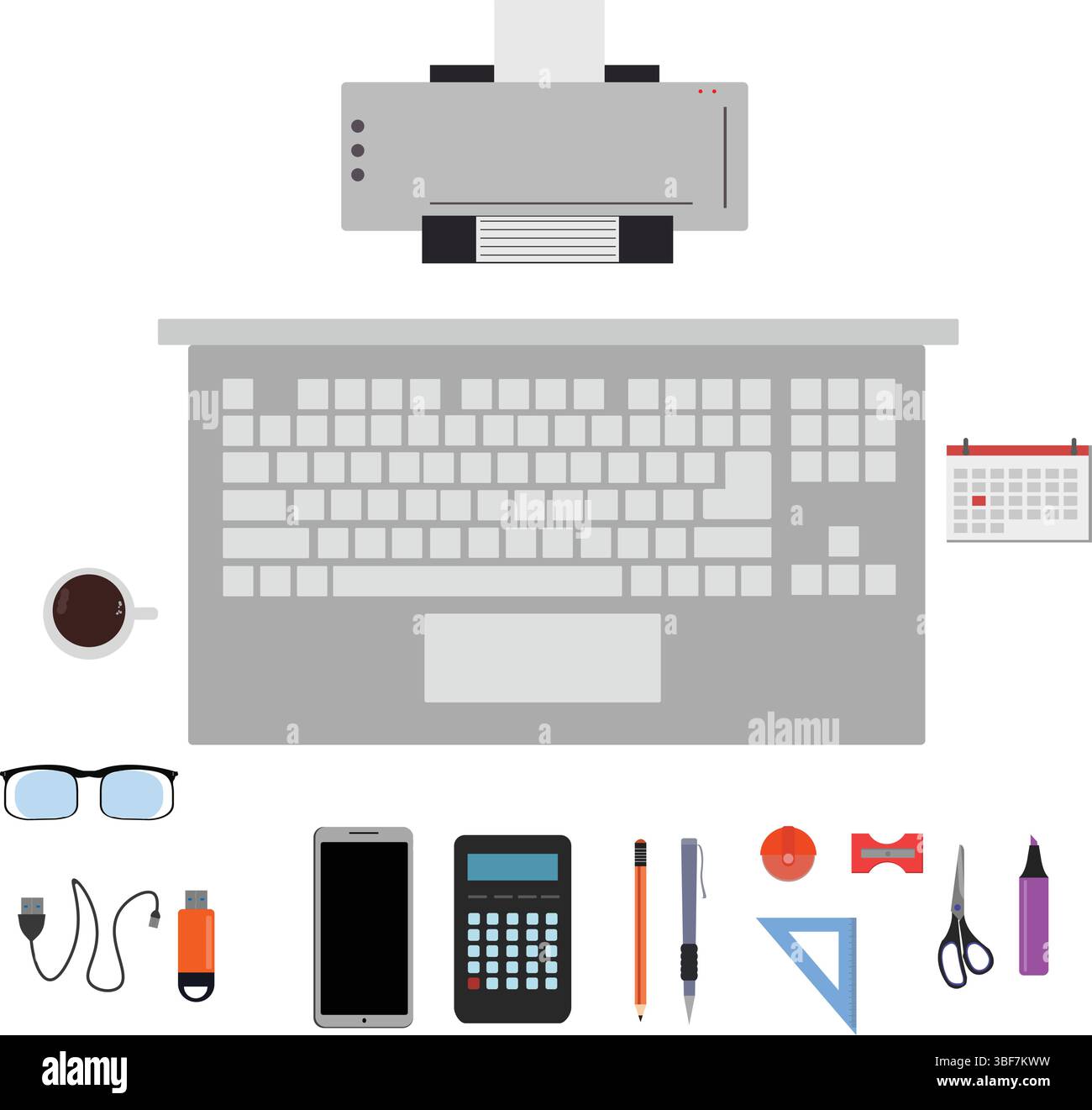 Workspace office tools set, essential graphic flat design Stock Vector