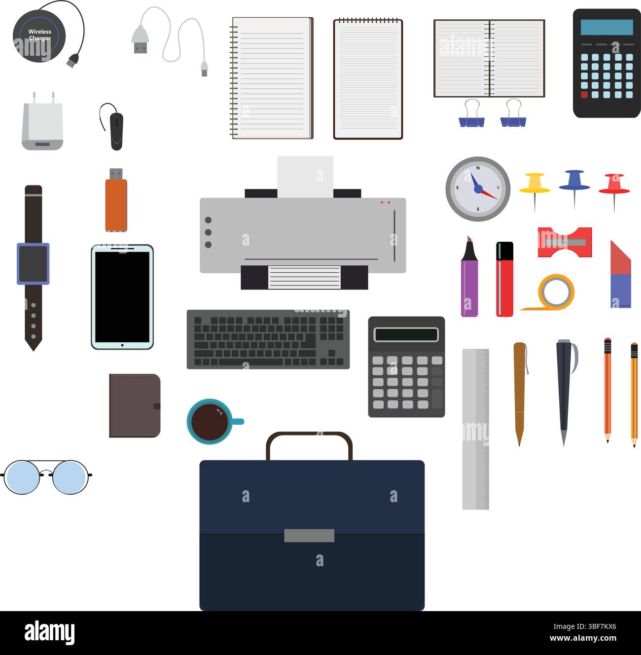 Workspace office tools set, essential graphic flat design Stock Vector