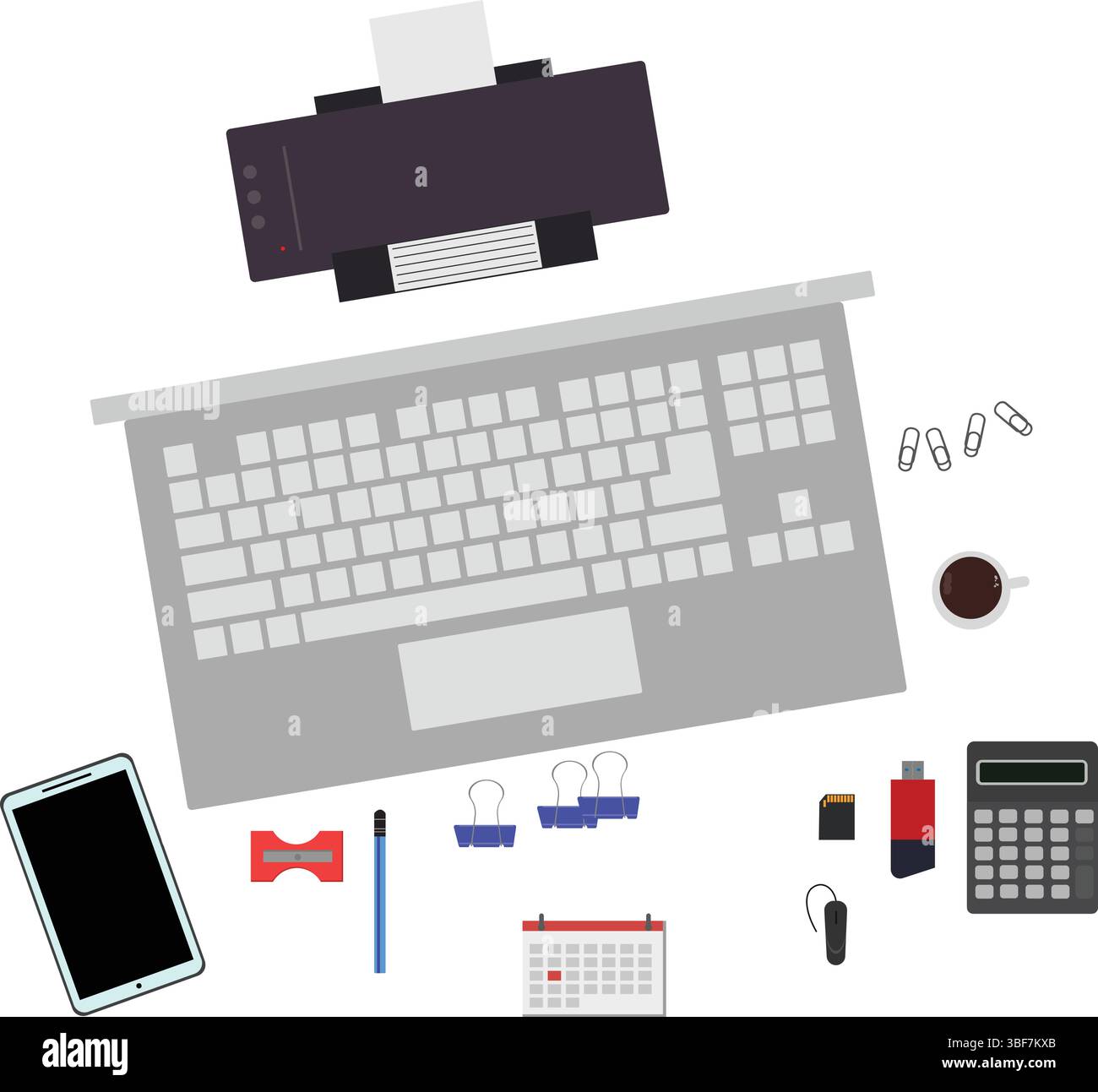 Workspace office tools set, essential graphic flat design Stock Vector