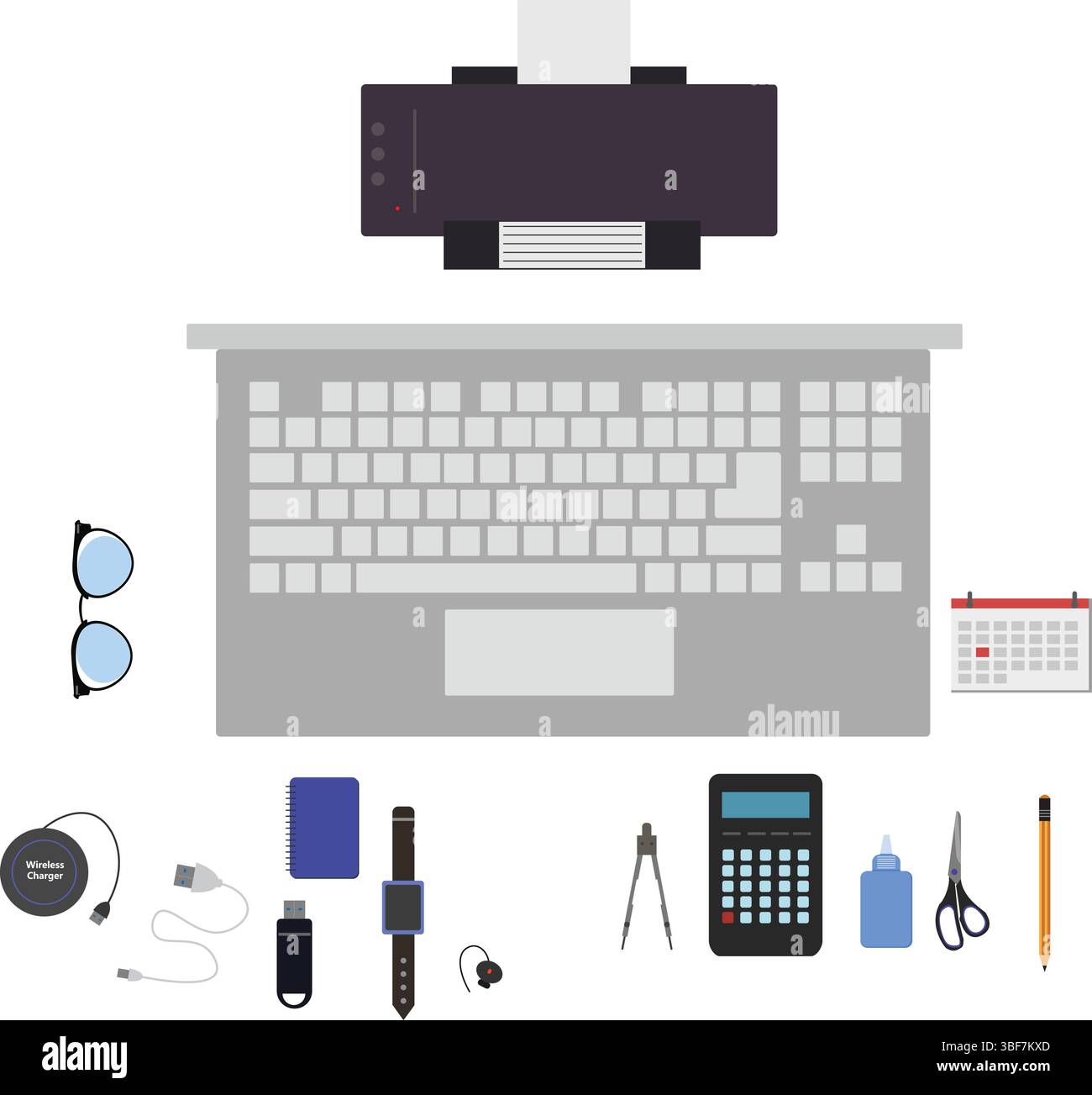 Workspace office tools set, essential graphic flat design Stock Vector