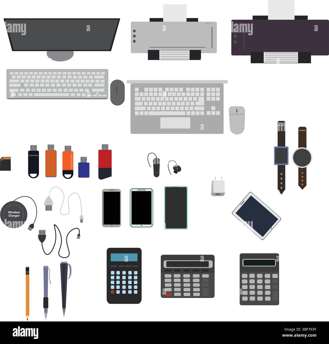 Workspace office tools set, essential graphic flat design Stock Vector