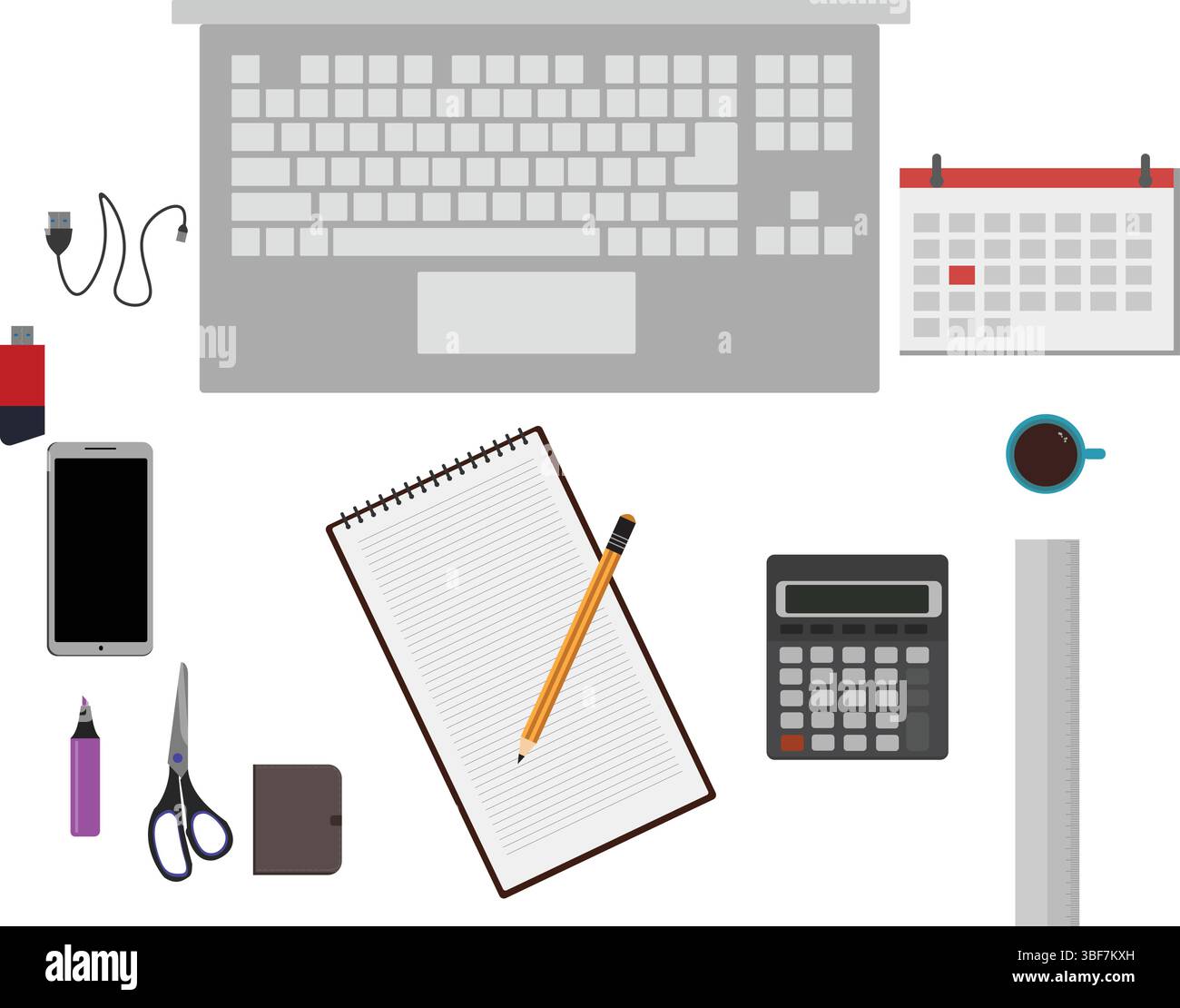 Workspace office tools set, essential graphic flat design Stock Vector