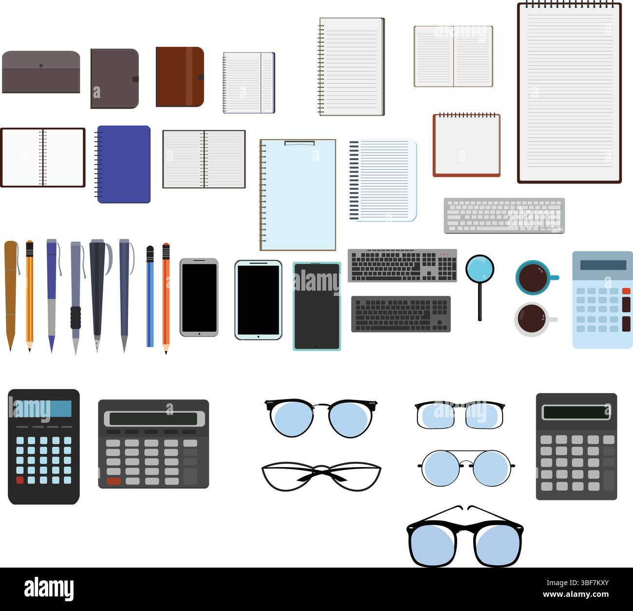 Workspace office tools set, essential graphic flat design Stock Vector