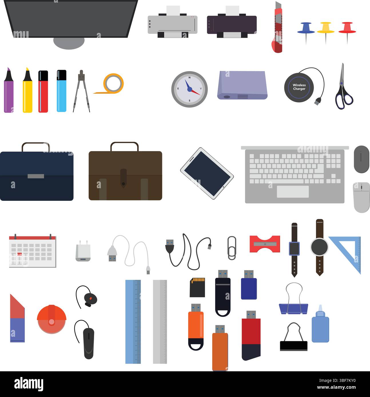 Workspace office tools set, essential graphic flat design Stock Vector