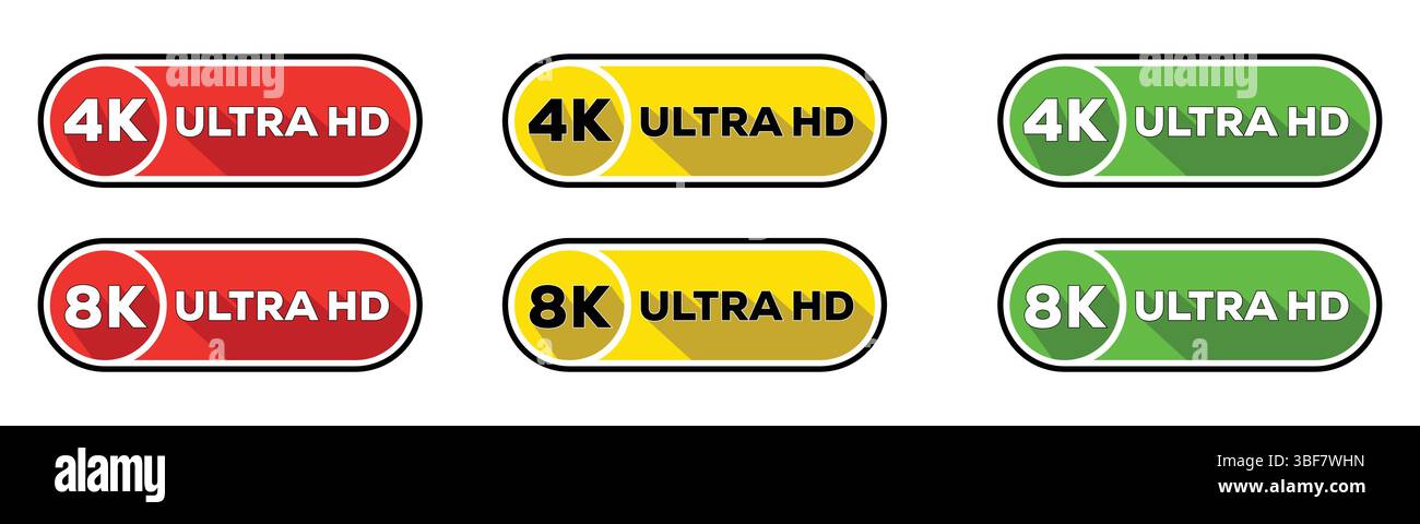 Colorful 4K 8K Ultra HD Resolution Labels Icon Set Stock Vector