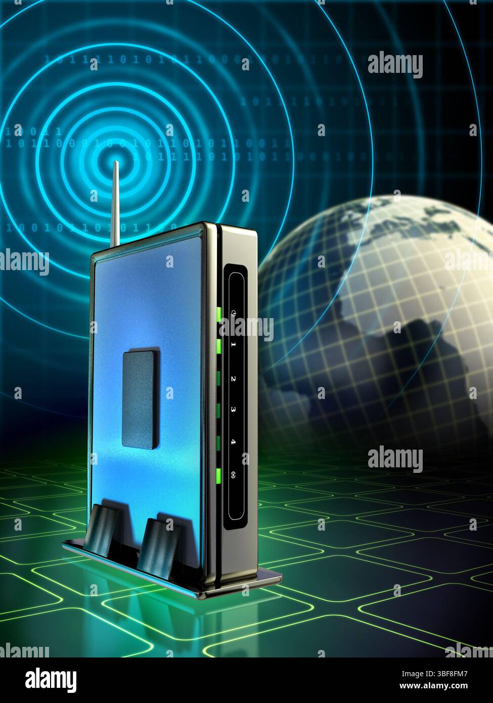 Stylish wireless router with radio waves originating from its antenna ...