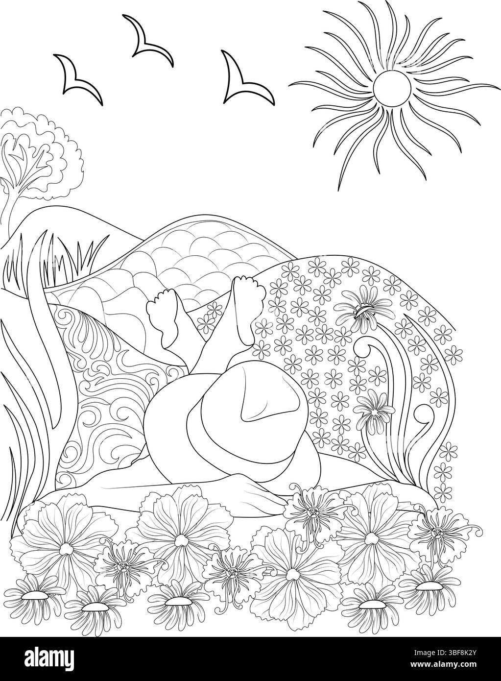 Black and white line art illustration for a coloring book featuring a person relaxing face down in a field of flowers under a sunny sky with birds fly Stock Vector