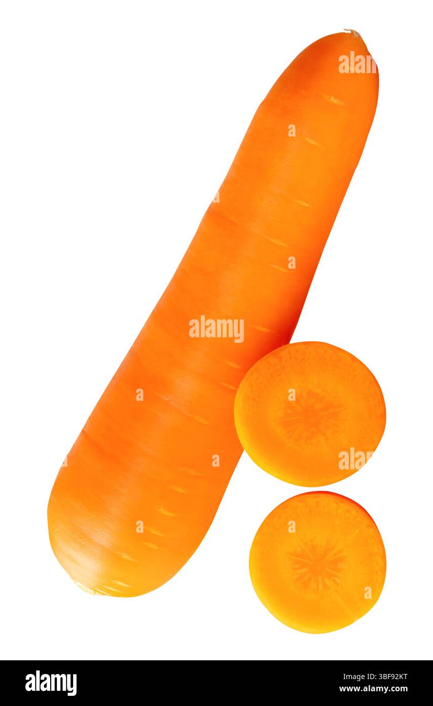 Side view of one fresh orange carrot root with slices in circles in stack is isolated on white background with clipping path. Stock Photo