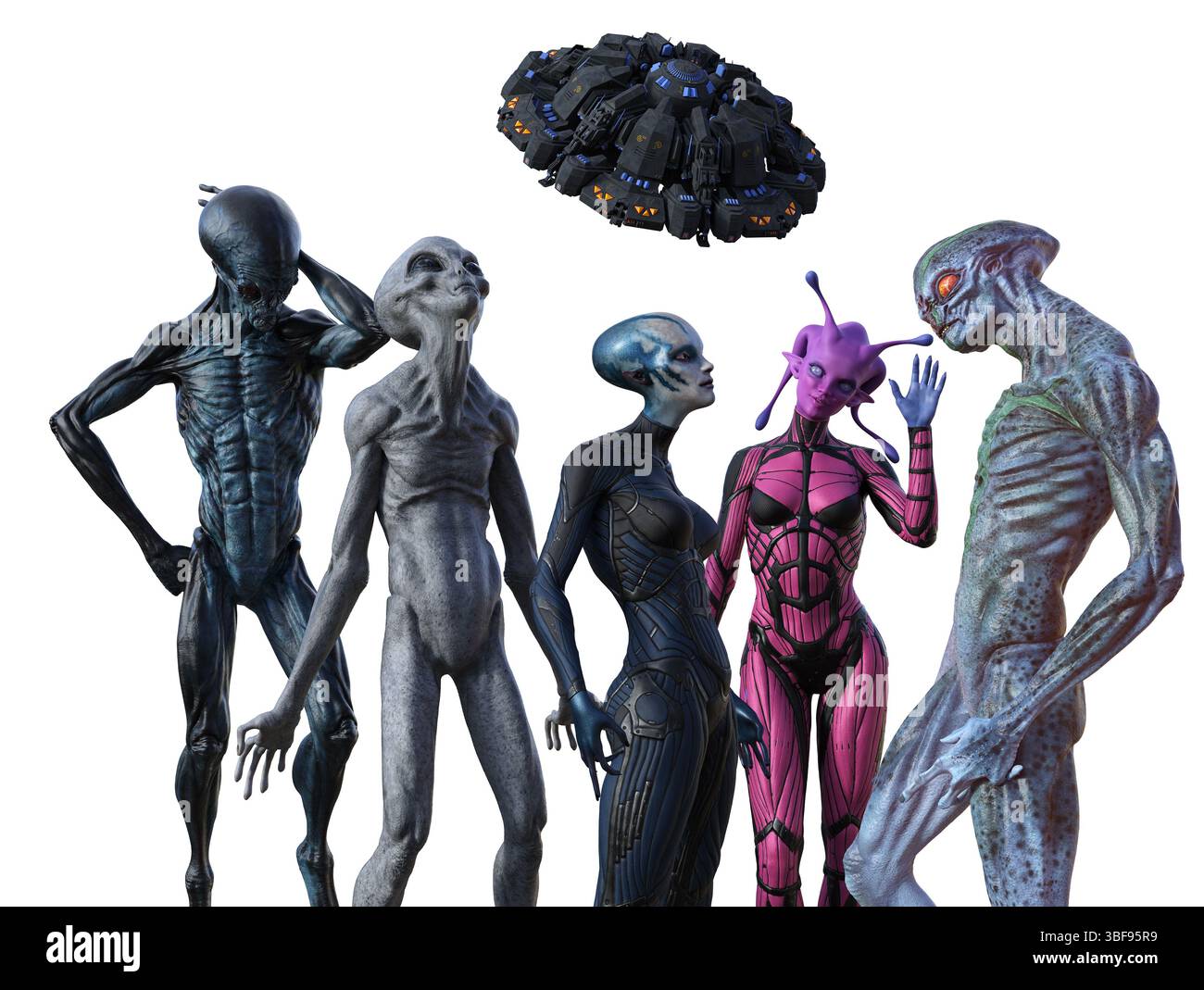 3d Illustration of a group of five aliens in assorted poses with a UFO ...
