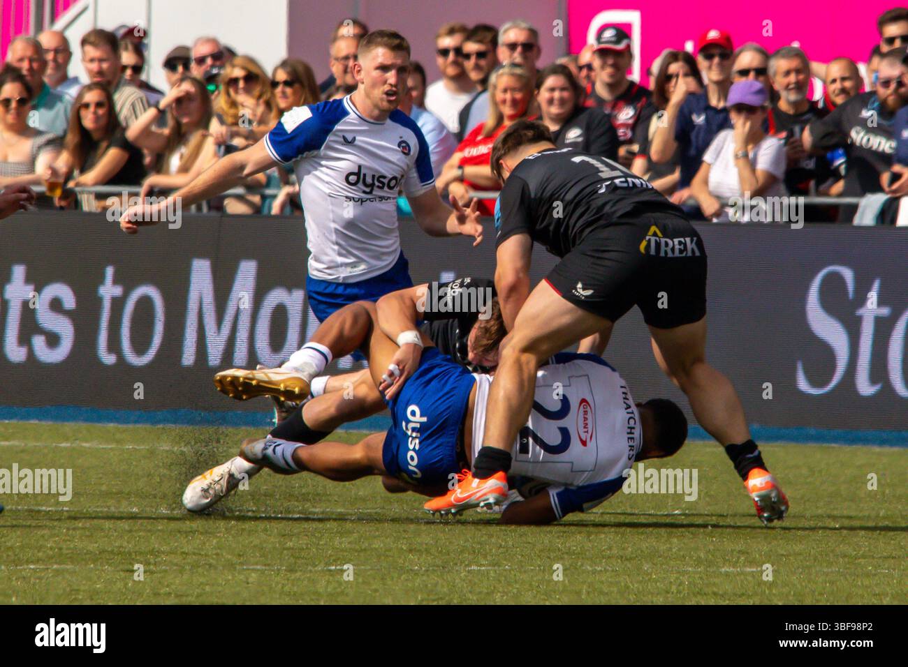 London, UK, 31st May 2025 Saracens winger Tobias Elliott puts in a big ...