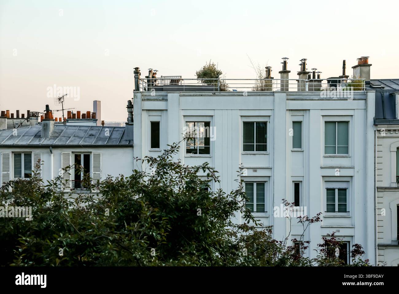 A close-up on the upper floors and rooftops of white Parisian apartment ...