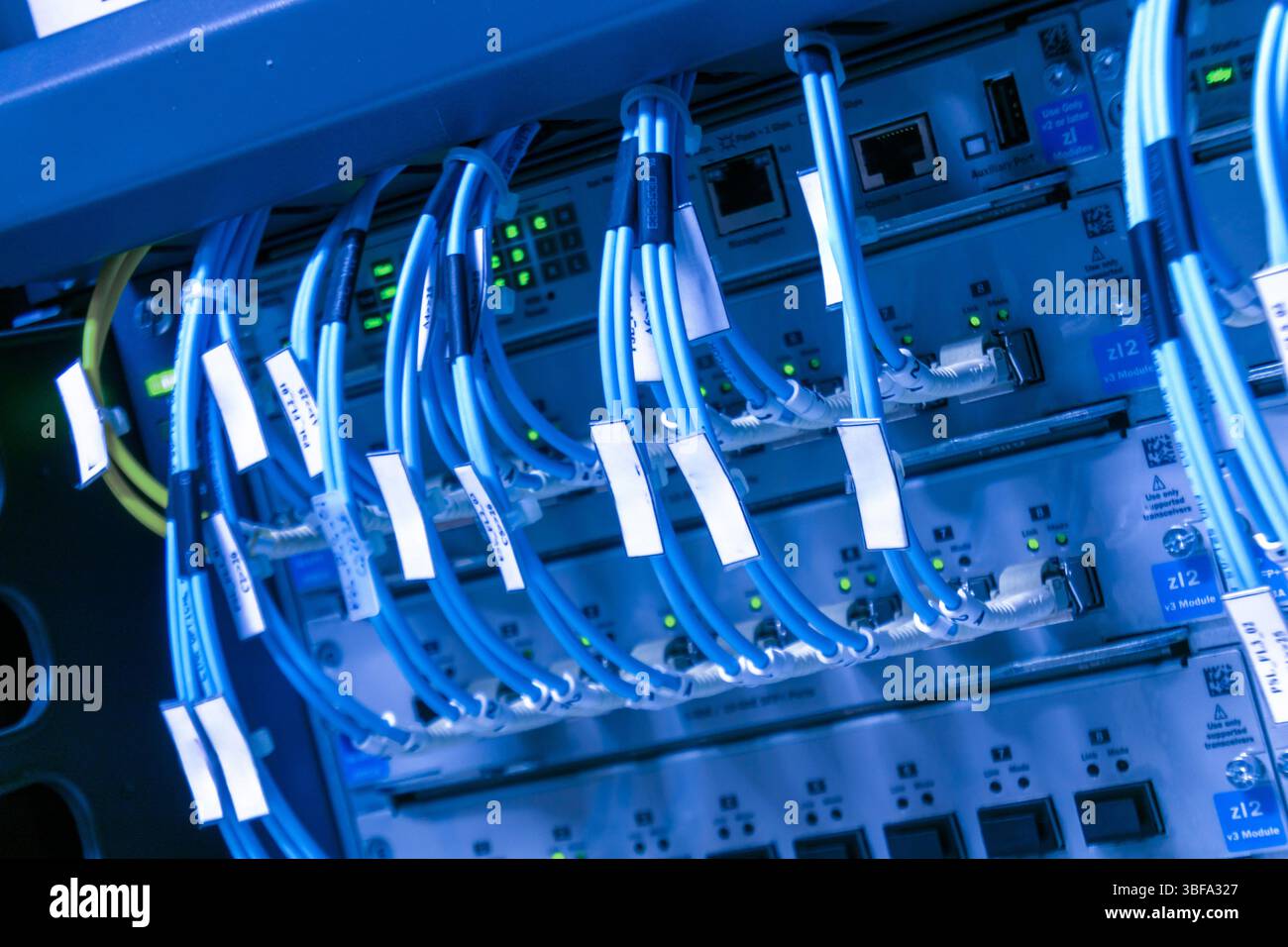 A close-up view of network cables connected in a server rack ...