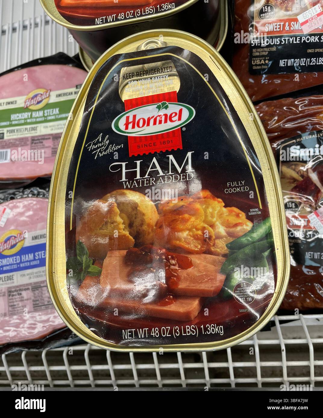 A 3   pound Hormel ham tin for sale at D'agostino supermarket, 2025, New York City, - Smartphone Captured Stock Image