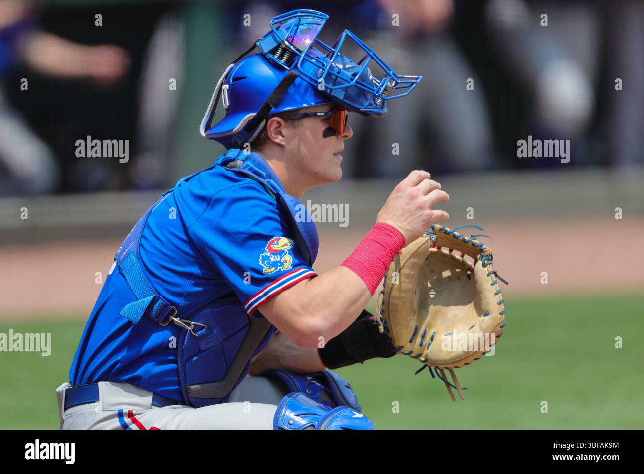 May 31, 2025: Kansas catcher Ian Francis (7) lifts his mask for some ...