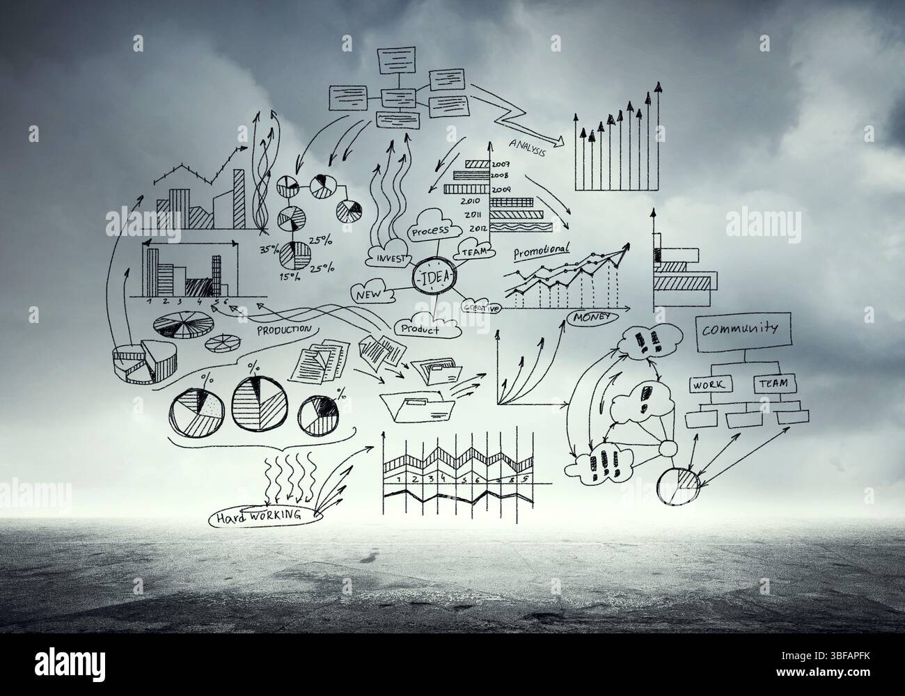 Infographic drawn elements graphs and diagram on cloud background Stock ...