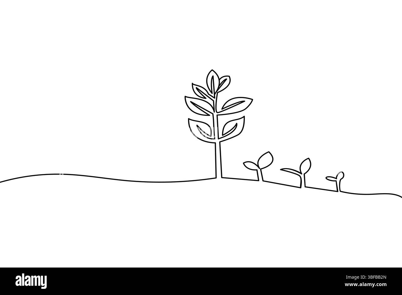 Continuous line drawing of growing plants depicting life cycle stages and growth Stock Vector
