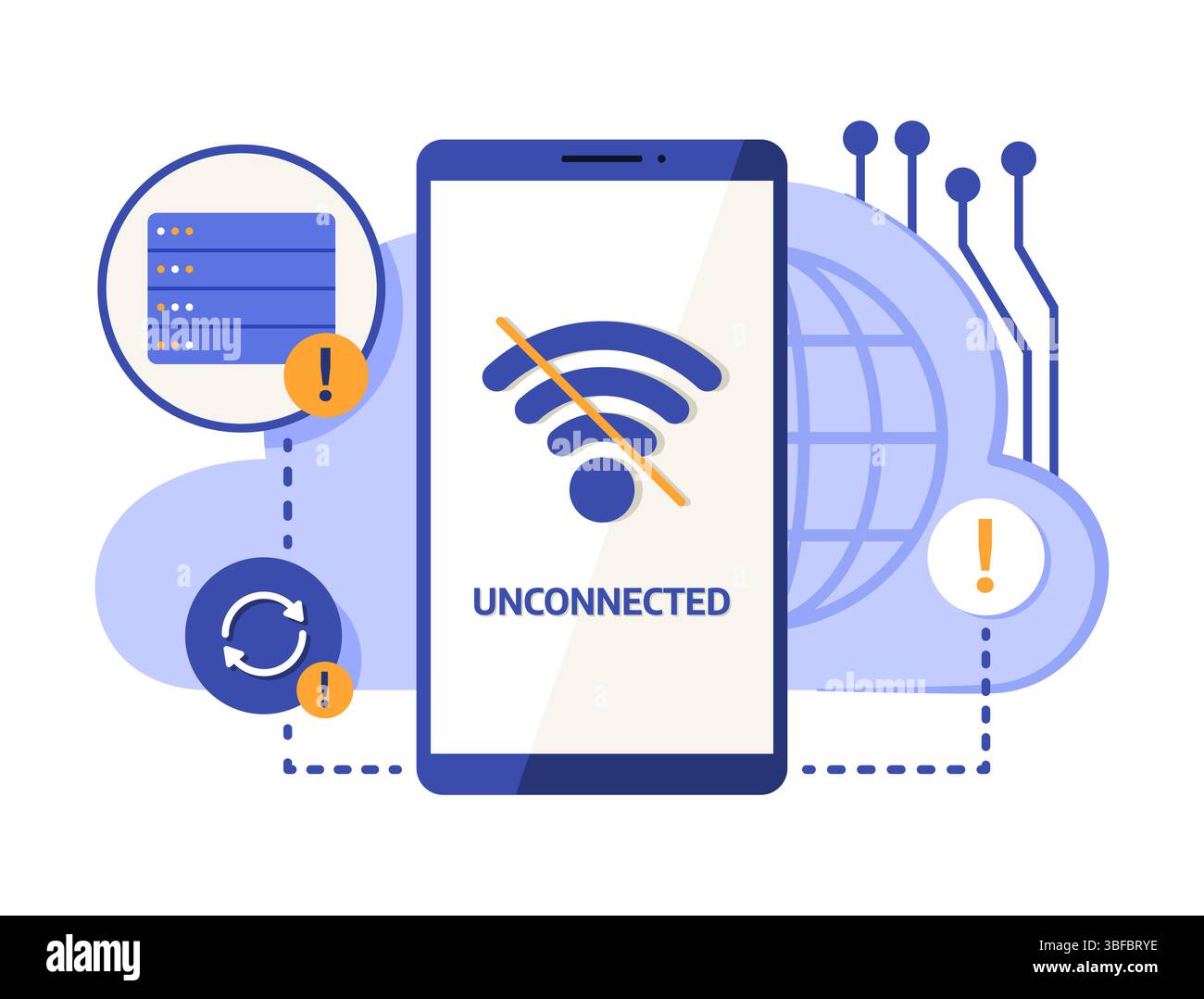 Smartphone with Notification No Wi-Fi Signal Unconnected with Cloud Computing Server for Internet and Wireless Connection Technology Concept Stock Vector