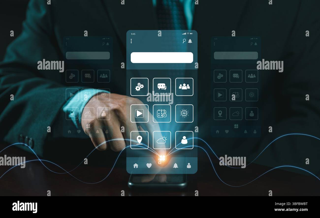 Process of creating an interface for a mobile app. User interface and experience concept. Holographic displays, icons, data visualizations. Web, appli Stock Photo