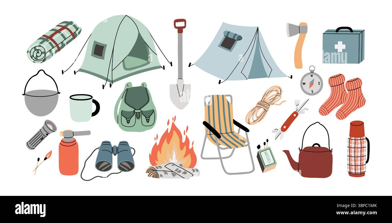 Color Camping Elements Set ,Flat Vector Stock Vector