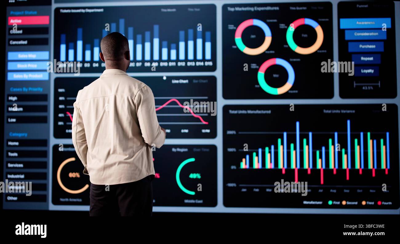 African Businessman Analyzes Stock Trading Data Using Artificial Intelligence Software. Stock Photo