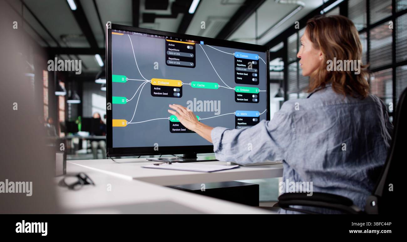 Female Engineer Developing AI Software Using Node Editor For Business Research. Stock Photo