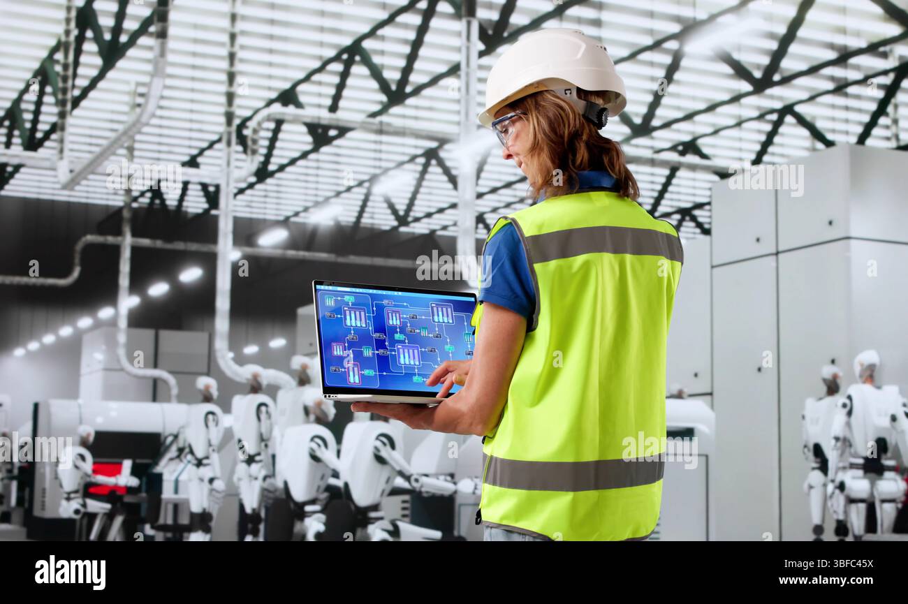 Innovative Woman Engineer Developing Virtual Reality Software For Manufacturing Industry Stock Photo