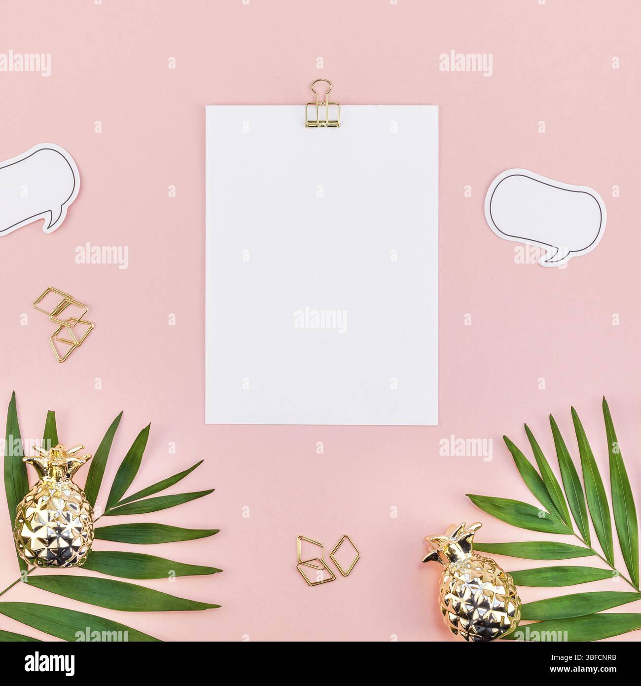 Creative flat lay top view mock up blank paper sheet postcard clip ...