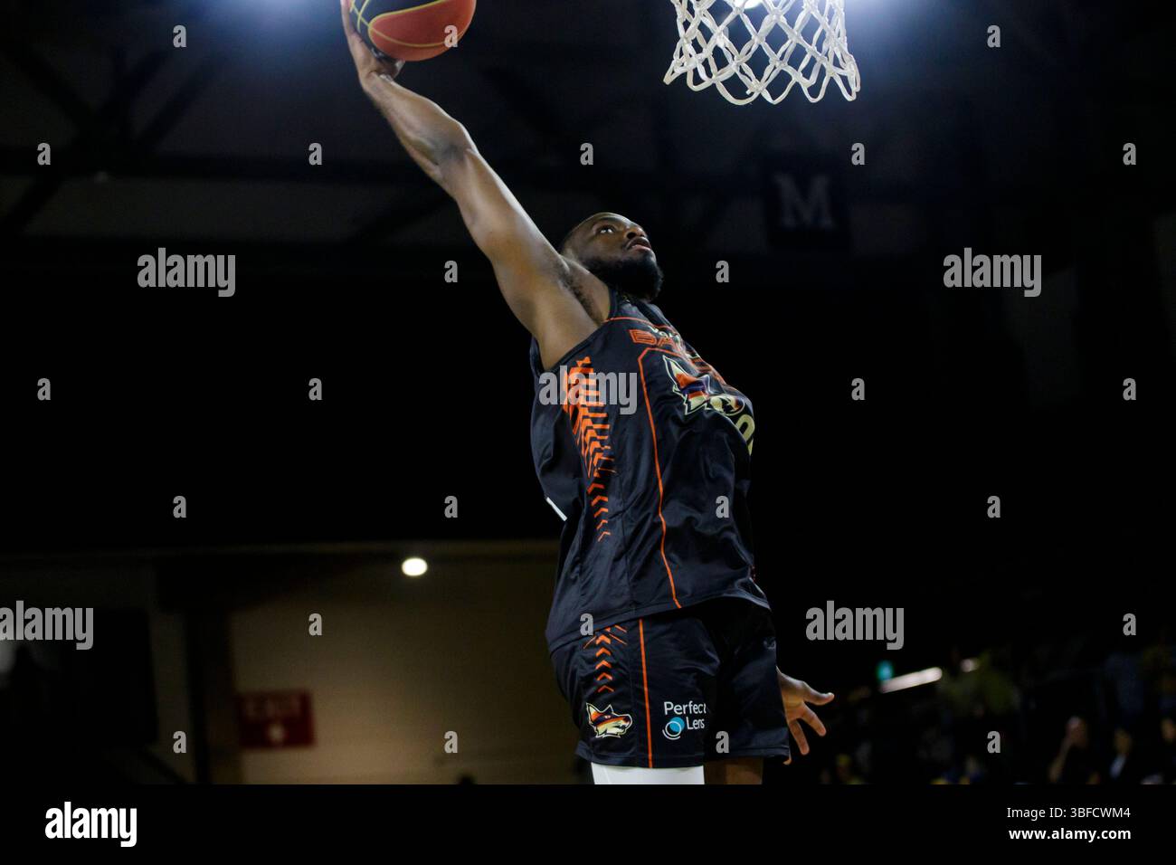 Vancouver's David Mutabazi (30) gets some air during the game between Edmonton Stingers and Vancouver Bandits at Edmonton Expo Centre. Final scores; Edmonton Stingers 95-104 Vancouver Bandits. (Photo by Ron Palmer / SOPA Images/Sipa USA) Stock Photo