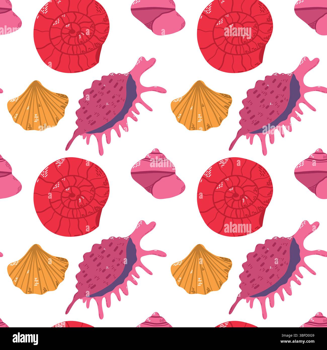 Vibrant Seashell Pattern Featuring Varied Shells Against a Clean White Background Stock Vector