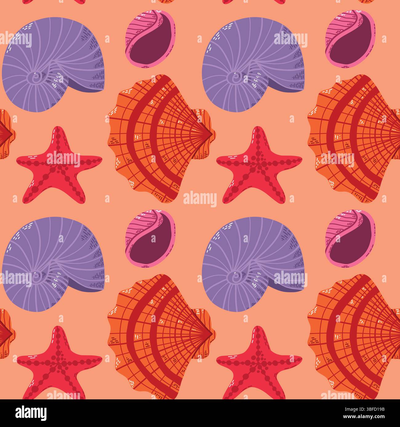 Seamless Pattern with Starfish and Shell Illustrations in Vibrant Hues Stock Vector