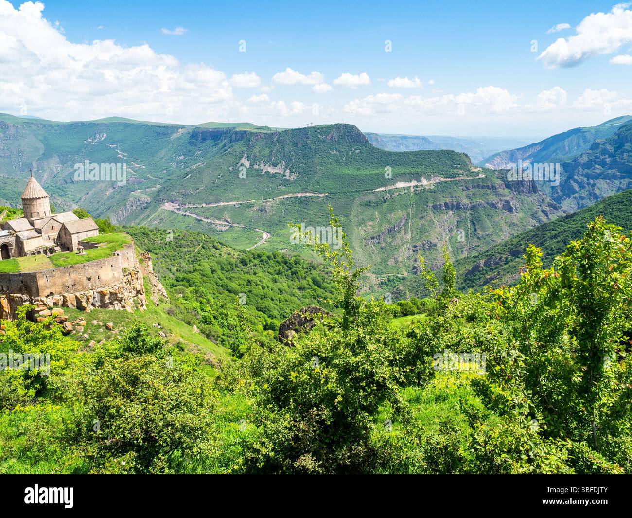 green mountains near Tatev Monastery in Syunik Province of Armenia on sunny May morning Stock Photo