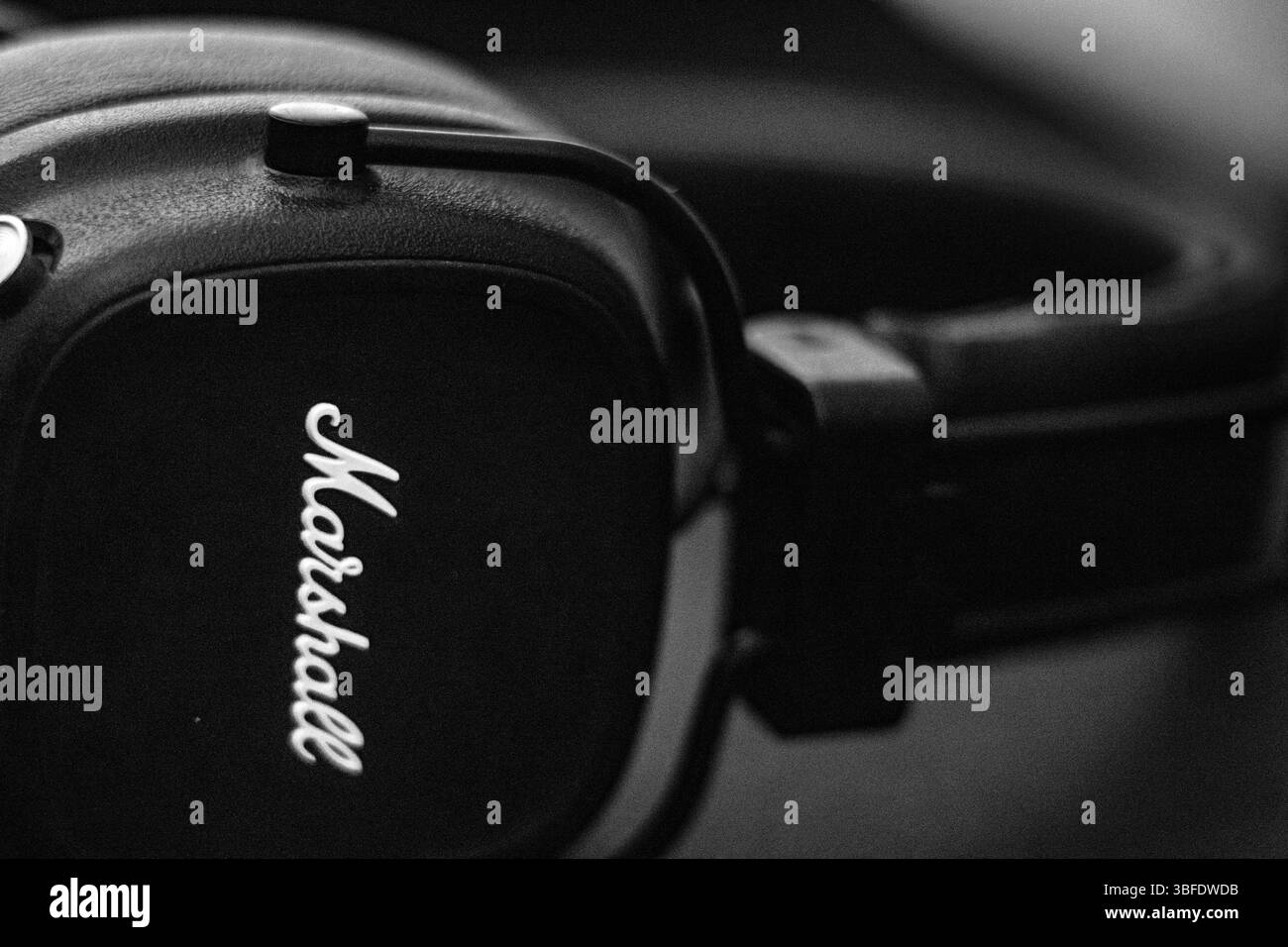 Close-up View of Modern Headphones With a Sleek Design and Branding Stock Photo