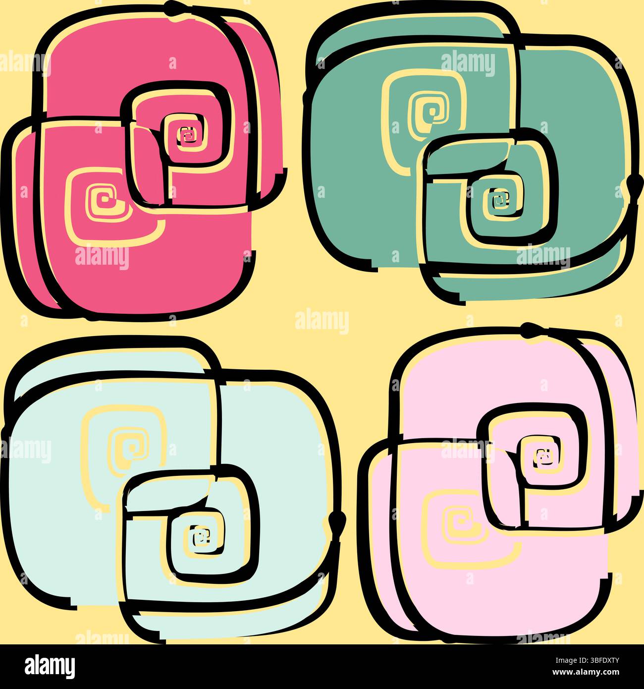 Vibrant retro-style seamless pattern featuring organic geometric shapes with swirling spiral elements in pastel colors. Perfect for spring and summer Stock Vector