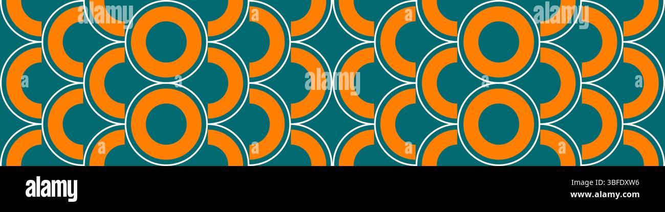Bold and energetic seamless pattern featuring striking orange circular elements on a deep teal background with white outline accents. This dynamic ret Stock Vector